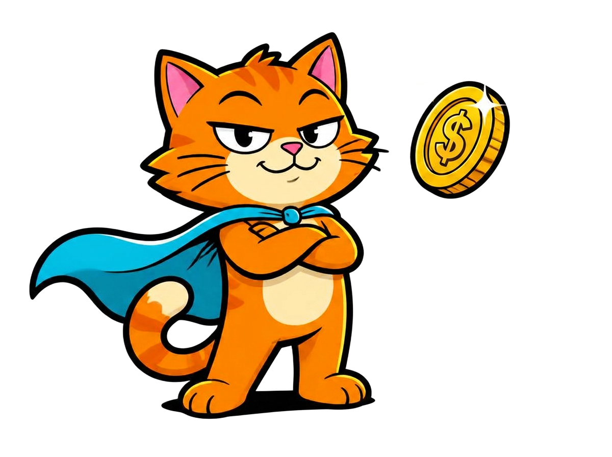Hubcat, the MEMEHUB cartoon mascot, holding a gold coin