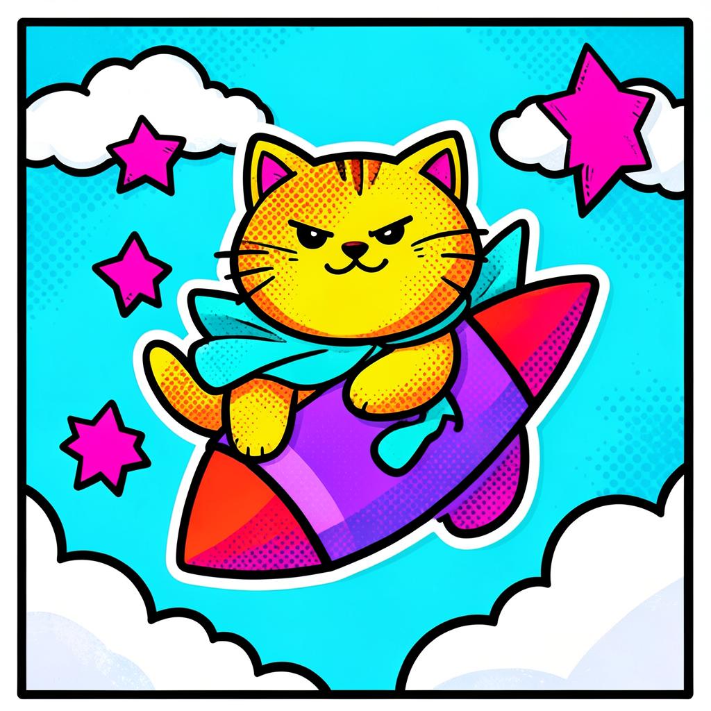 Cartoon yellow cat in a cyan cape riding a rocket through a cyan sky full of pink stars