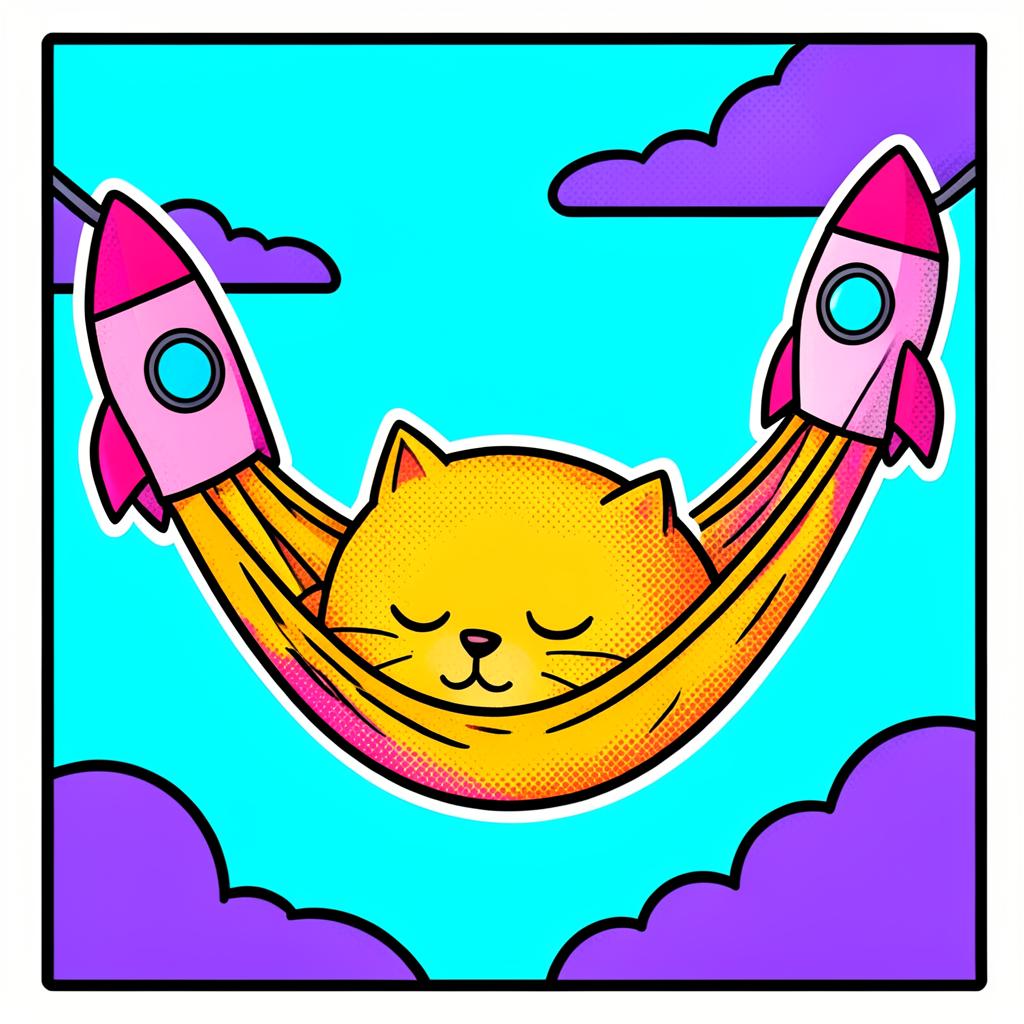Cartoon yellow cat asleep in a hammock strung between two pink rockets in a cyan sky